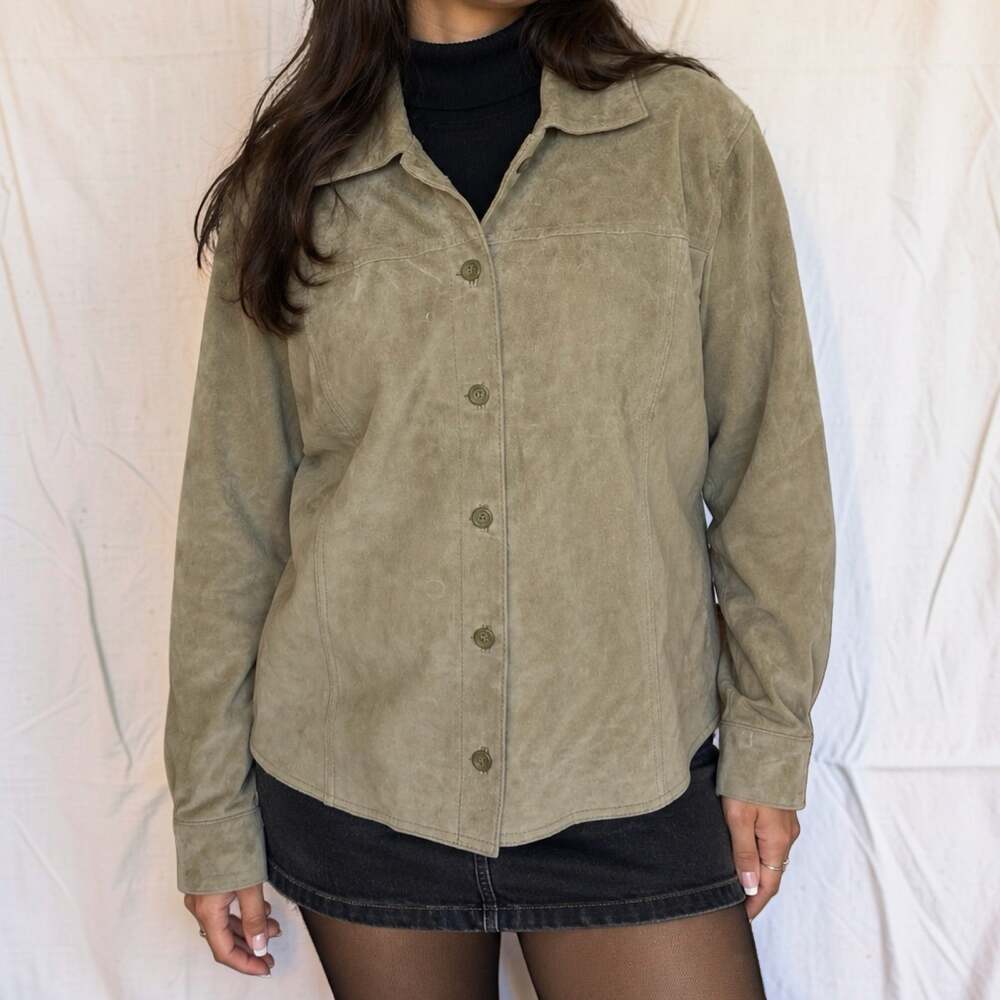 Vintage Cherokee Sage Green Genuine Suede Leather Shirt Jacket XL